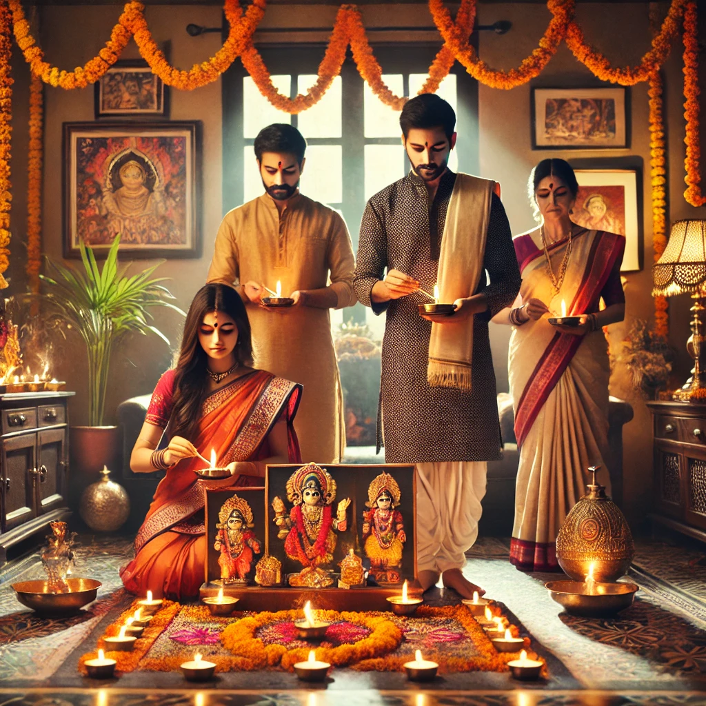 A family performing aarti with lighted diyas and incense sticks in a traditional Indian home setting.