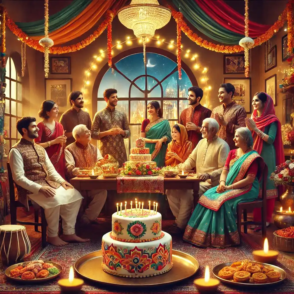 A traditional Indian birthday celebration with family and friends gathered around a beautifully decorated cake.